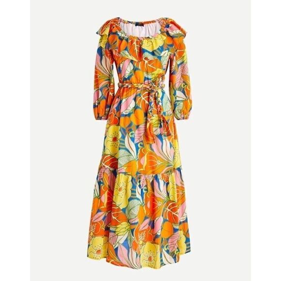 J Crew Orange Tropical Floral Ruffle Off Shoulder Belted Flounce Midi Dress S - Picture 1 of 16